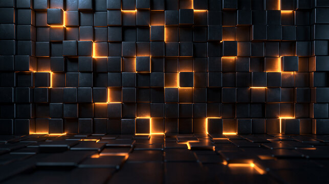 Abstract Futuristic Dark Cube Wall with Glowing Light