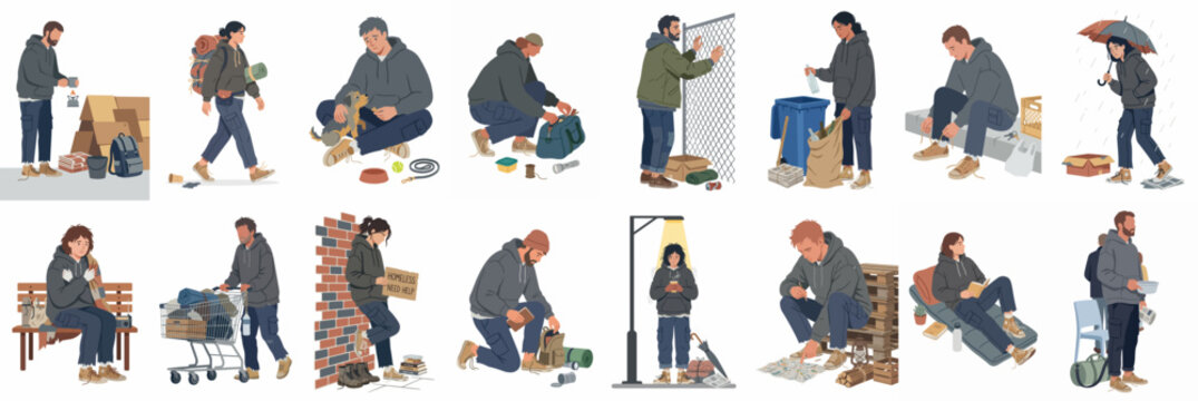 Flat illustration set of homeless people in various urban life situations, including carrying belongings, seeking shelter, and interacting with pets on a white background.