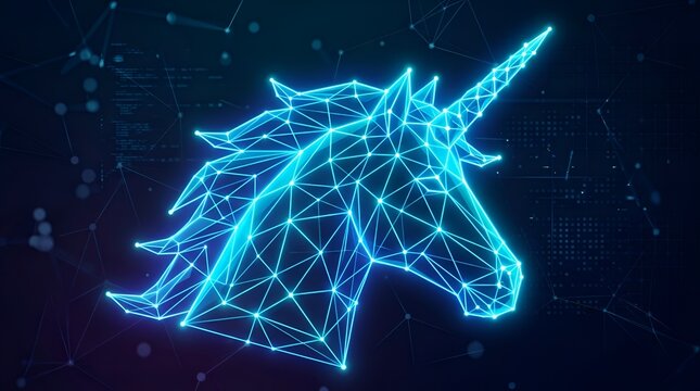 Glowing blue wireframe unicorn head made of plexus network on dark background, symbol for successful tech startup and digital innovation