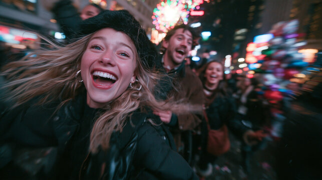 Joyful Young Friends Celebrating Night Out in City