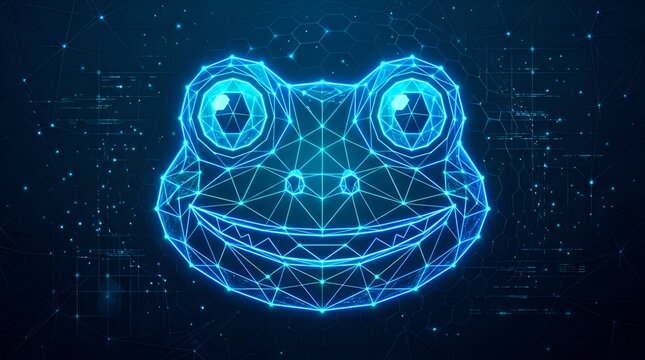 Futuristic glowing blue wireframe frog head digital technology concept art background
