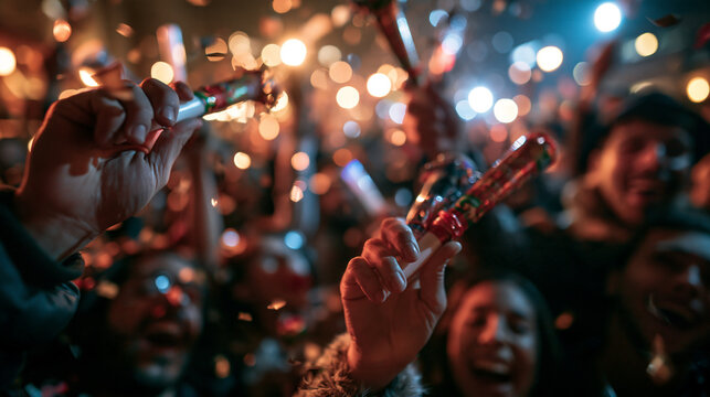 Crowd Celebrating New Year with Party Horns and Confetti