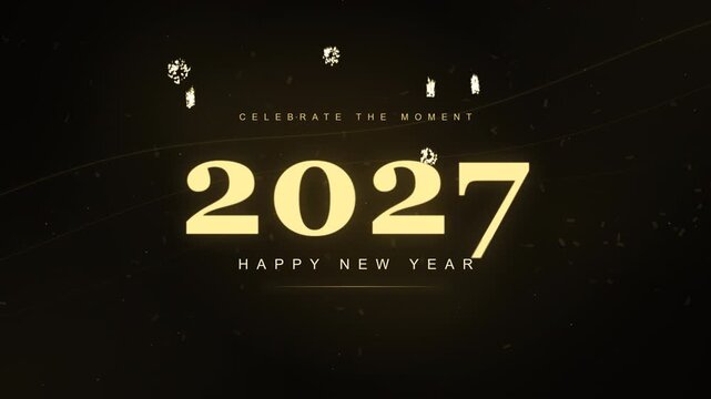 Golden 2027 happy new year text with falling confetti on dark backdrop