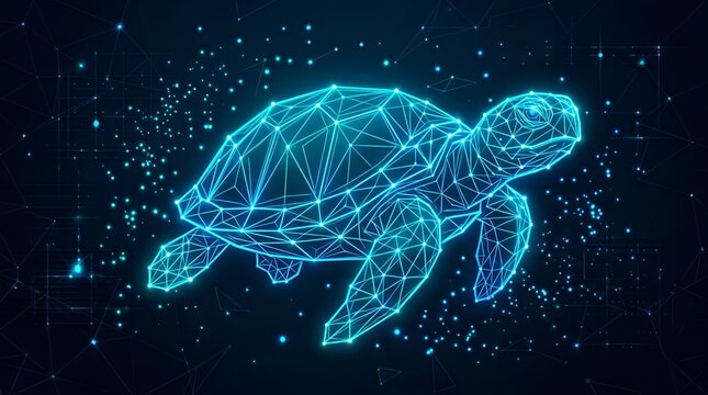 Abstract Digital Polygon Wireframe Sea Turtle Swimming Through Futuristic Neon Data Particles in a Cybernetic Network Environment