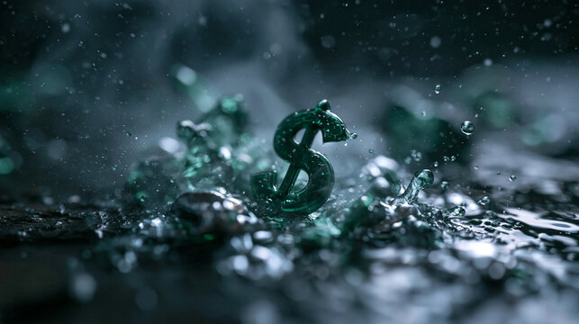 Green Dollar Sign Symbol Crashing in Water with Splashes