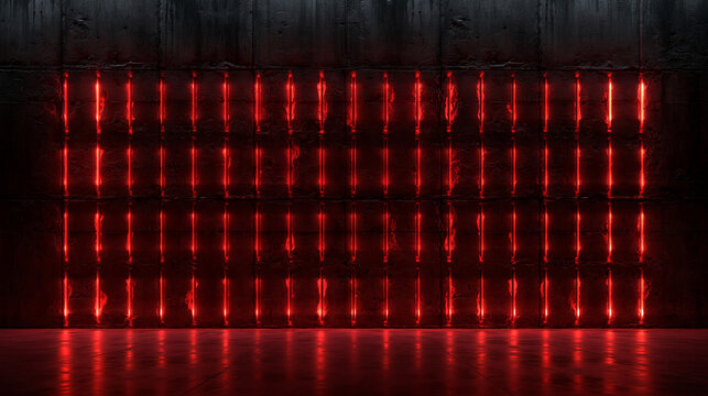 Dark Studio Background with Red Neon Lights on Concrete Wall