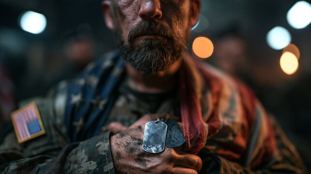 American Soldier Holding Dog Tags Draped in US Flag