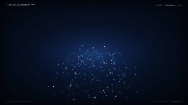 Futuristic abstract digital network animation with glowing blue and white interconnected dots pulsing and evolving on a dark blue background, symbolizing data transfer, AI, big data, and global com...