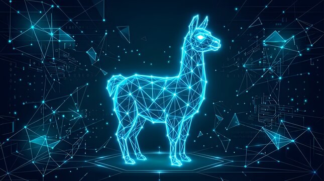 Dynamic digital llama rendered with luminous geometric lines, symbolizing the integration of nature with advanced technology, data networks, and futuristic concepts