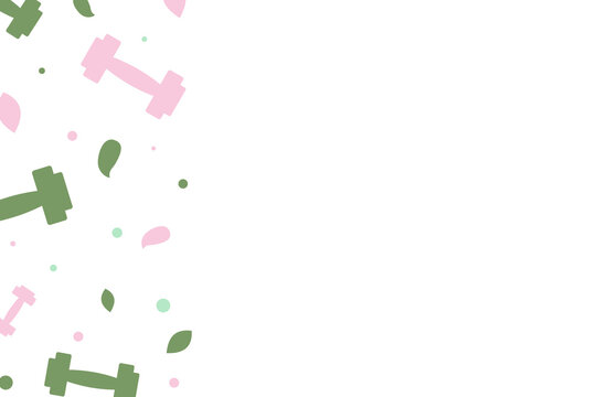 Tiny dumbbell and scattered dot side border, flat vector confetti marginal decoration for delicate text template.