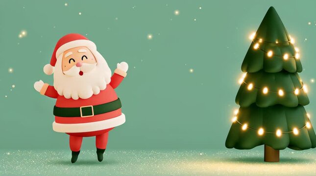 cute santa dancing beside a decorated christmas tree illustrated animation