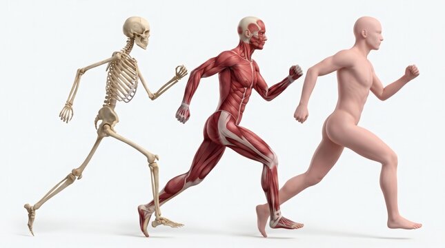 Human anatomy progression from skeleton to muscle to skin during running motion.