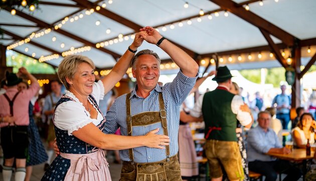Mature couple wearing traditional Bavarian lederhosen and dirndl dancing happily together at an Oktoberfest beer tent celebration during a folk festival