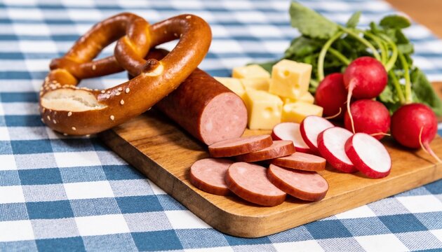 Traditional Bavarian Brotzeit snack featuring sliced smoked sausage, cheese cubes, fresh red radish, and a baked pretzel served on a wooden board for Oktoberfest meal.