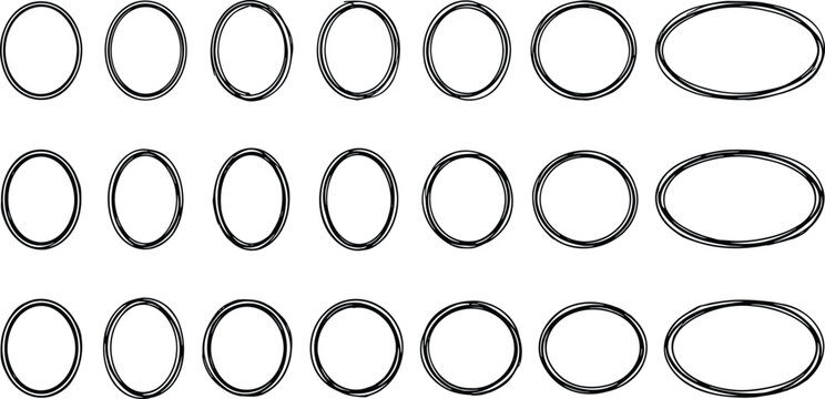 Hand drawn doodle circle borders set, sketchy oval frame vector elements, black ink line rings for graphic design