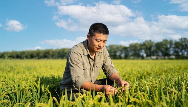 Asian male farmer kneeling in a rural paddy field inspecting ripening rice crops on a sunny day, concept of agriculture and cereal grain harvest