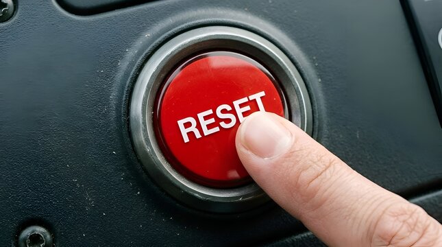 Hand pressing a round red reset button on a control panel to restart system