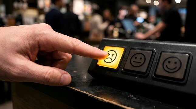 Disappointed customer leaving negative feedback on a satisfaction survey device, indicating poor service or experience in a public establishment with a sad face button
