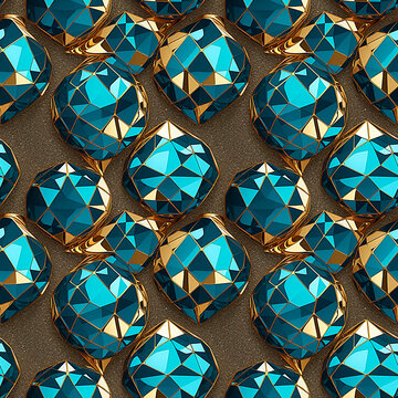 Geometric glass mosaic pattern with faceted blue and gold elements for luxury branding materials