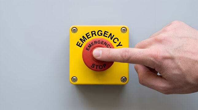 Hand Pressing a Red Emergency Stop Button on a Yellow Industrial Control Box for Safety