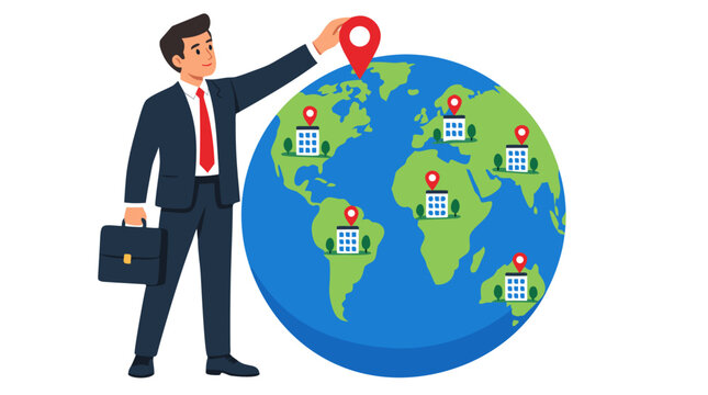 Businessman CEO placing red location pin on stylized globe with small branch office buildings sprouting across all continents worldwide expansion concept vector illustration
