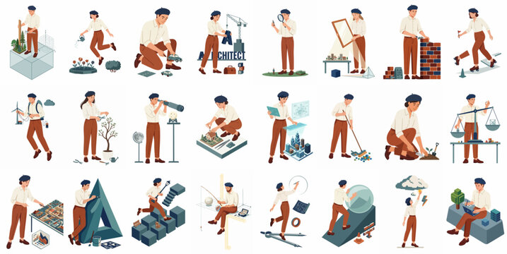 Comprehensive collection of flat vector illustrations depicting various professional roles, skills, and conceptual business activities in a minimalist design style.