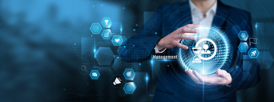 Businessman Hand Hold Management and global Corporate Administration, Strategic Business Leadership, Operational Performance Control, Enterprise Planning, Executive Operations
