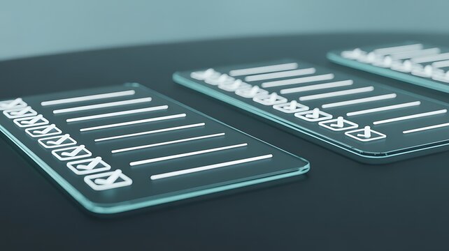 Transparent digital checklist sheets with teal glowing check marks.