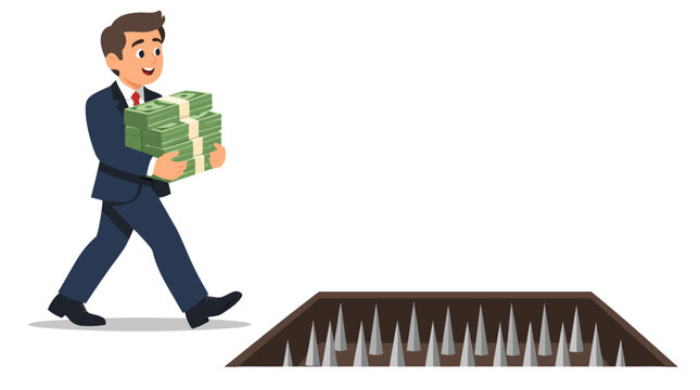 Cartoon businessman in suit carrying stacks of cash walking towards open pitfall trap with spikes, financial risk and bad investment concept, flat vector illustration isolated on white background