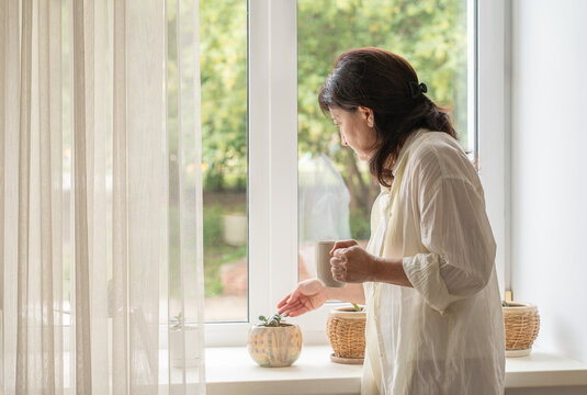 Mature woman stands by bright window holding mug, gazing at small succulent in ceramic pot on windowsill. A moment of domestic life, authenticity