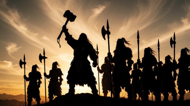 Silhouette of viking warriors standing on mountain hill at sunset. Brave leader raises large hammer weapon against orange sky. Group of fantasy soldiers with axes, spears prepare for battle in