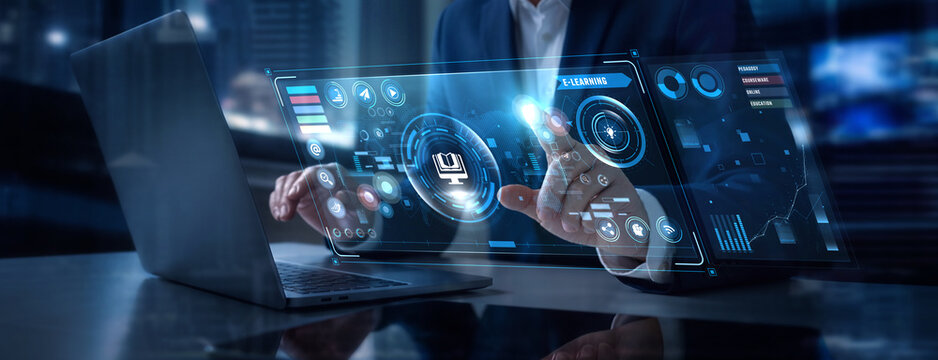 Businessman Analyzing E-Learning and Online Education Progress Data on Digital Screen, Virtual Class Metrics, EdTech Student Analytics, Remote Training Dashboard, Knowledge Portal
