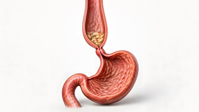 AI generated 3D medical illustration of acid reflux and GERD in the human stomach and esophagus on white background