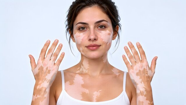 AI generated portrait of beautiful woman with vitiligo skin condition showing hands and face with confidence