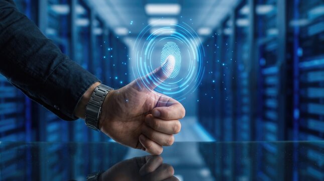 Biometric fingerprint scan for data center security, futuristic digital identity verification, secure server room access with glowing blue interface