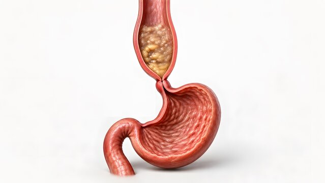 AI generated medical illustration of human stomach anatomy showing food bolus entering through the esophagus