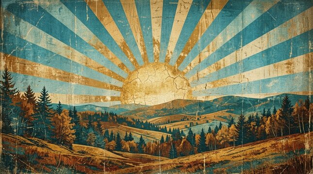 Vintage Sunrise Landscape - Old Paper Texture Sunburst Over Forested Hills