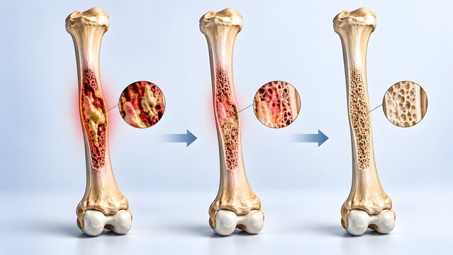AI generated medical illustration showing bone infection recovery stages and healthy bone marrow regeneration