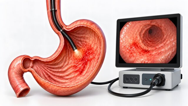 AI generated medical illustration of endoscopy procedure for stomach cancer screening and ulcer diagnosis