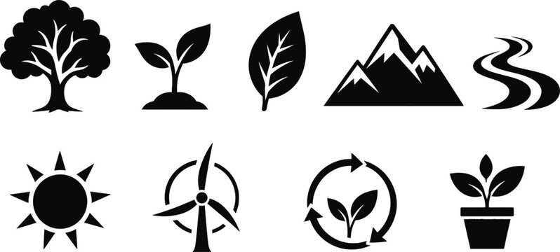 Nature and Environmental Conservation Black Silhouette Icon Set