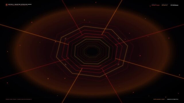Dynamic abstract futuristic digital tunnel background with glowing orange and red geometric octagonal grid lines and particle effects, moving seamlessly through a cyberspace portal, symbolizing dat...