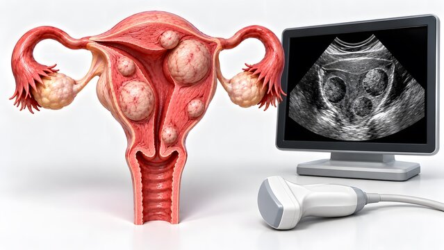 AI generated medical illustration of uterine fibroids anatomy with ultrasound diagnostic monitor and probe