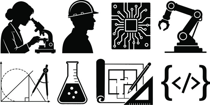 STEM Education and Technology Black Silhouette Icon Set