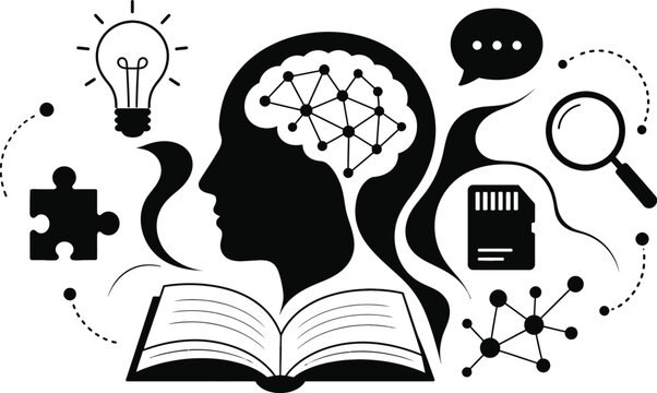 Artificial Intelligence and Human Thinking Process Black Silhouette Vector