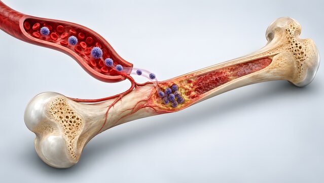 AI generated 3D illustration of cancer metastasis spreading from a blood vessel into the bone marrow anatomy