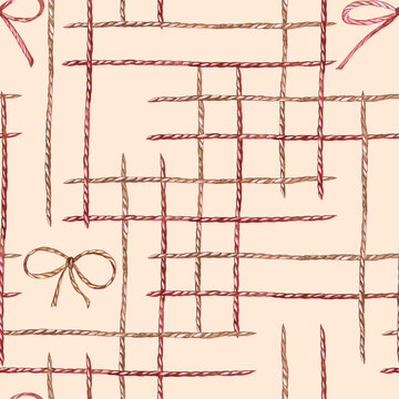 Hand drawn seamless pattern with vintage ropes grid and cute bows on yellow background