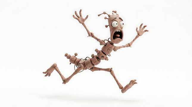 Cartoonish claymation robot character running mid-air with exaggerated facial expression in neutral studio setting