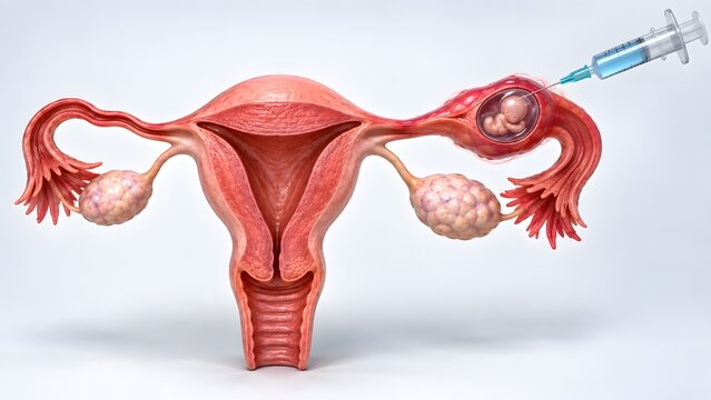 AI generated medical illustration of an ectopic tubal pregnancy being treated with a methotrexate injection
