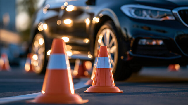 Close-up of a modern vehicle driving through traffic cones at a professional test track, practical driving skills concept, with copy space