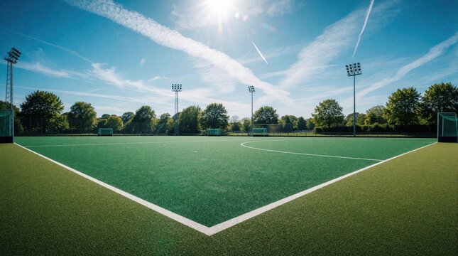 Empty field hockey arena with green turf and white lines under a bright blue sky. Goals with nets stand at either end. Stadium lights tower over the pitch. Trees surround the sports field.